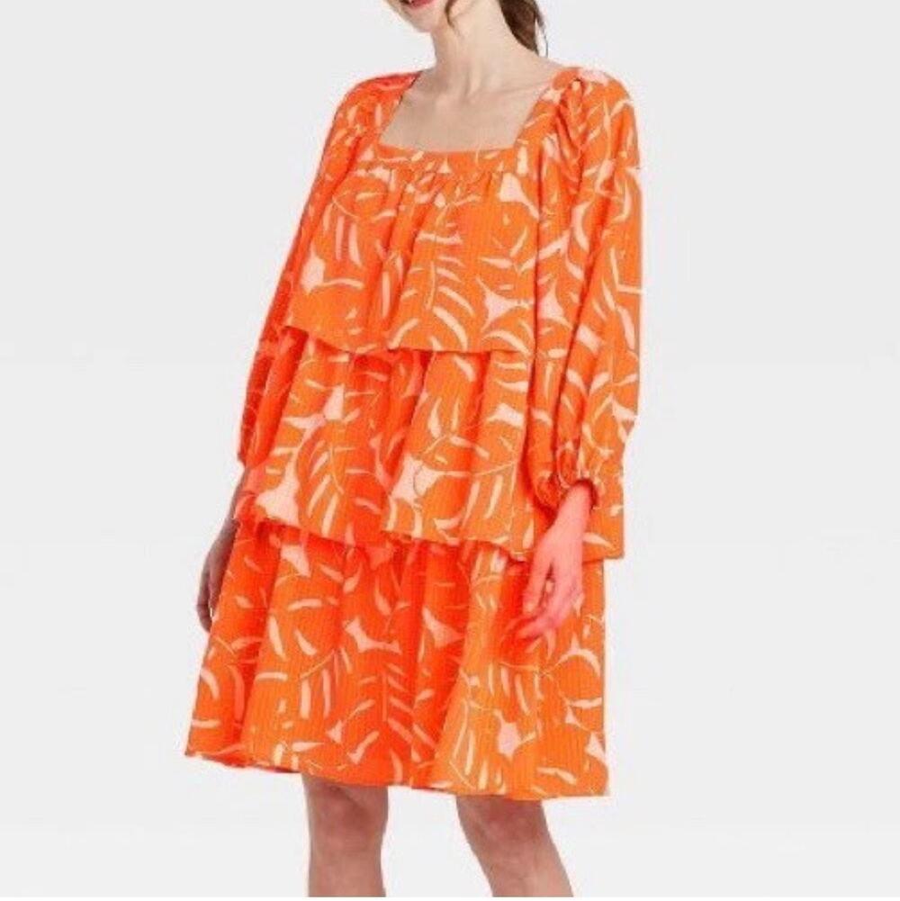 Who What Wear Orange Balloon Sleeve Tiered Dress Women's Medium